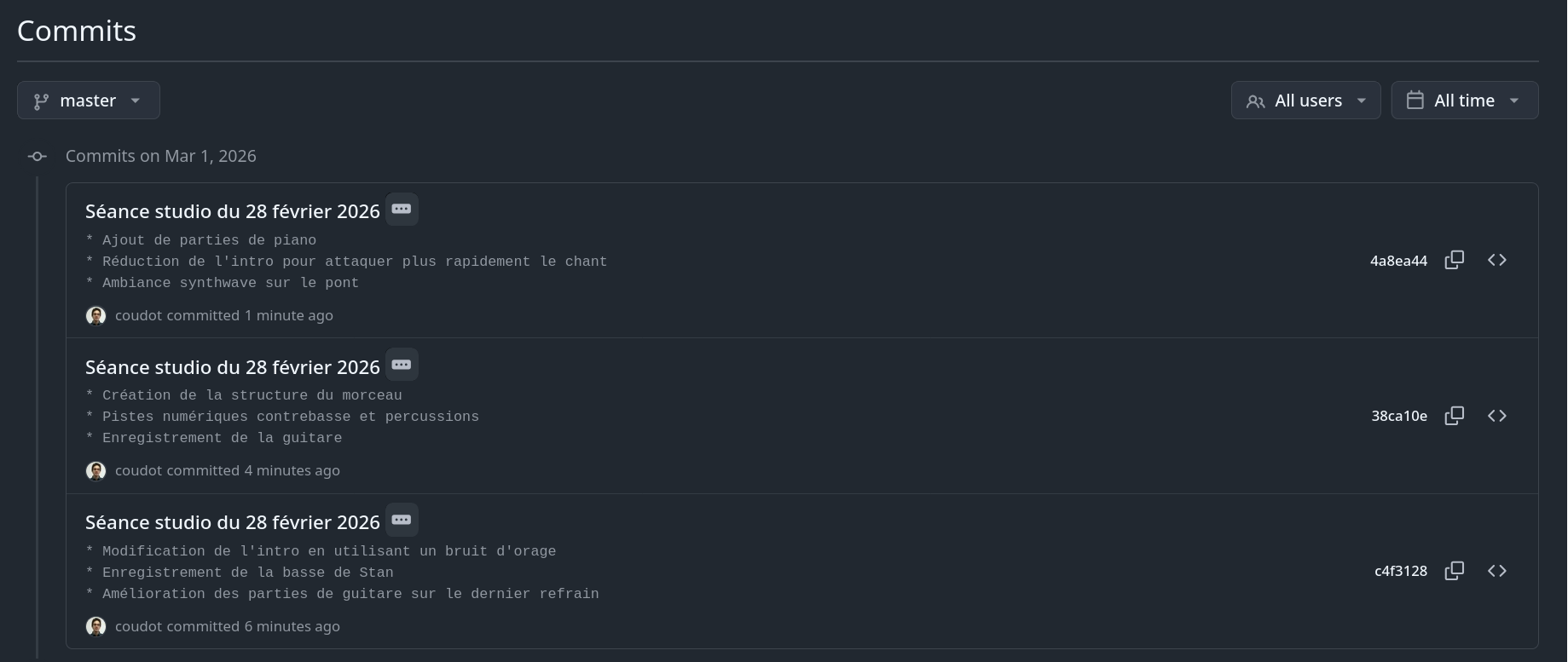 Exemple de commits faits sur le git du site